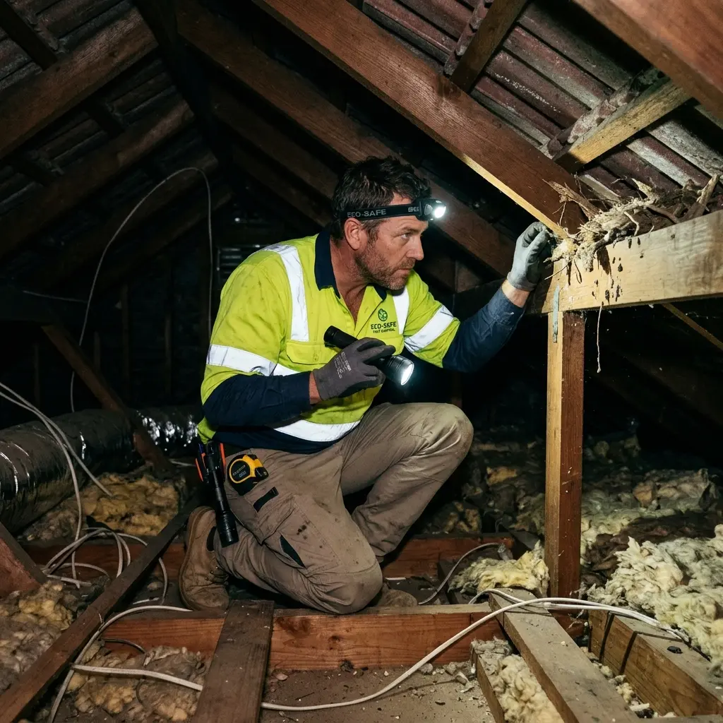 Technician inspecting a roof cavity for a dead animal in Herne Hill